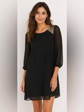 Sequin Hearts Black Chiffon Shift Dress Gold Sequin Shoulder Small